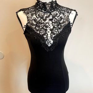 Foreign Exchange Black Lace Front Mini Dress with Oval Tie Back